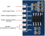 Back side of the JRGKJCP five Watt voice amplification module showing solder pins.