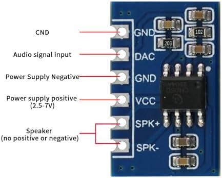Back side of the JRGKJCP five Watt voice amplification module showing solder pins.