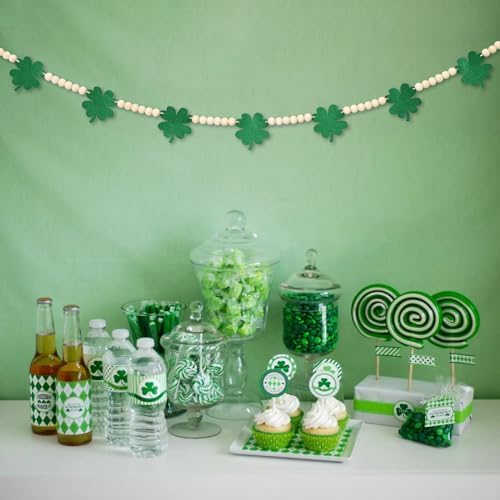 Gistome Irish shamrock beaded banner hanging gracefully across a rustic fireplace mantel.