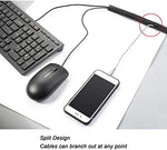 Before and after demonstration of messy computer desk cords neatly bundled inside the black cord protector sleeve.