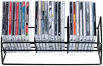 Authentic MyGift imported metal wire media shelf displaying music album cases in an entertainment center.