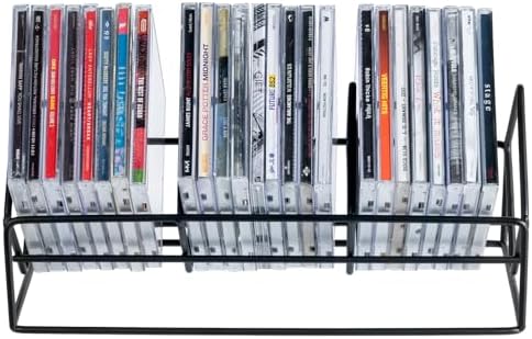 Authentic MyGift imported metal wire media shelf displaying music album cases in an entertainment center.