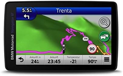 BMW Motorrad Navigator VI motorcycle GPS device front view showing the 5-inch touchscreen navigation menu