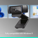 Logitech premium professional webcam angle highlighting the sleek black exterior housing and side microphone grills.