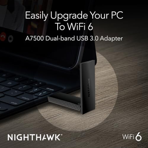 Netgear A7500 AX1800 wireless network dongle with the flexible high-gain antenna fully unfolded for maximum coverage.