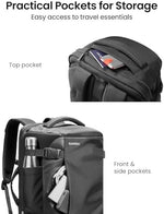 Side view of the Tomtoc Navigator T66 backpack highlighting the quick-access pockets and compact carry-on dimensions.