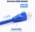 Top view of multiple blue patch cable boots emphasizing the high quality material used for network setups.