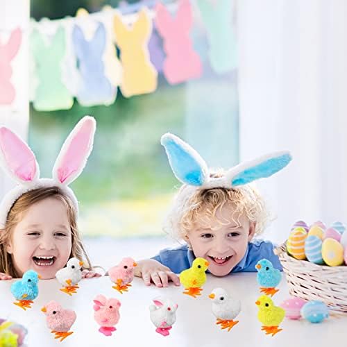 A row of colorful plush Easter bunny and chicken toys ready to hop on a floor surface