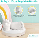 La Premura 3D plaster baby hand and foot mold painted gold inside display frame