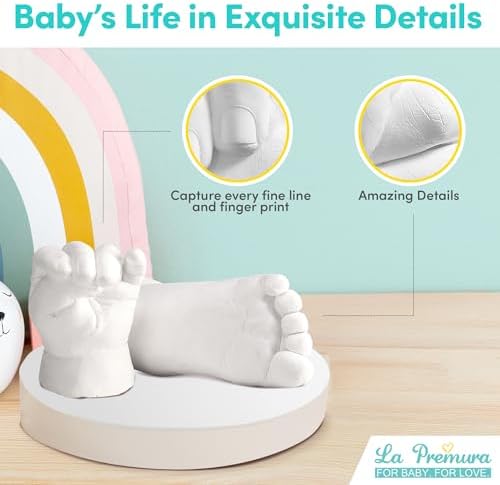 La Premura 3D plaster baby hand and foot mold painted gold inside display frame