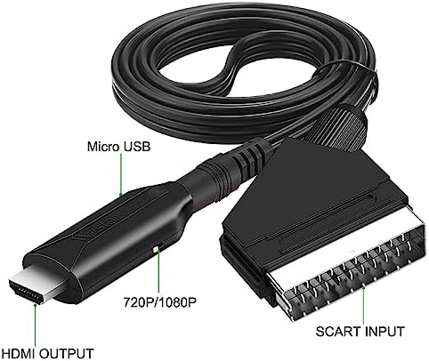 General HD multimedia input to SCART output cable highlighting the USB power connection port.