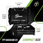 Timpano 2 Ohm mini monoblock car amp side view revealing the heavy duty terminal connections.