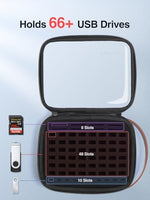 Luxtude hard storage organizer box opened flat displaying fifty-eight thumb drive slots and labels