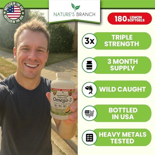 Three month supply bottle of USA imported Nature's Branch triple strength omega capsules for brain and joint care.