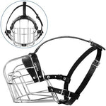Close up of adjustable leather straps on steel dog muzzle