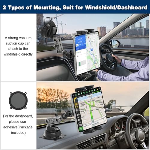 BAISHUN car tablet holder showing the super suction cup base locked onto a vehicle dashboard surface.
