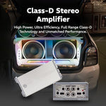 Top angle view of the Reserve Micro Series compact Class-D car amplifier illustrating its ultra-micro space saving footprint.