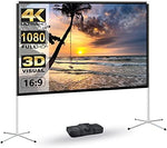 AODIOU 80 inch outdoor movie screen setup in a residential backyard night setting