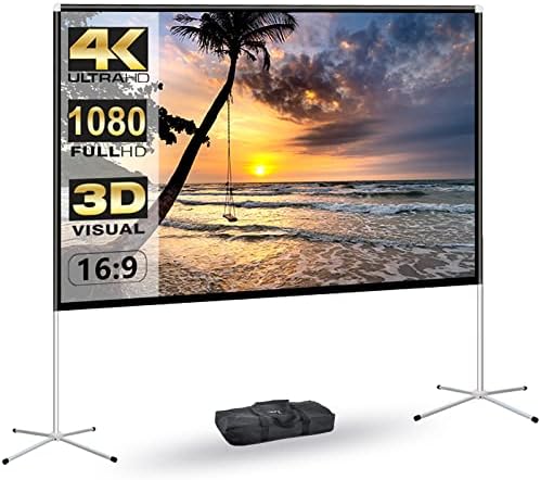 AODIOU 80 inch outdoor movie screen setup in a residential backyard night setting