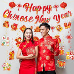 Larrazabal Lunar New Year hanging decorations displayed across an office ceiling partition creating a festive holiday environment.