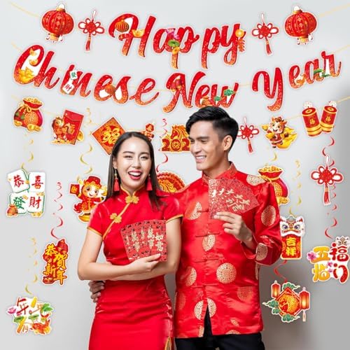 Larrazabal Lunar New Year hanging decorations displayed across an office ceiling partition creating a festive holiday environment.