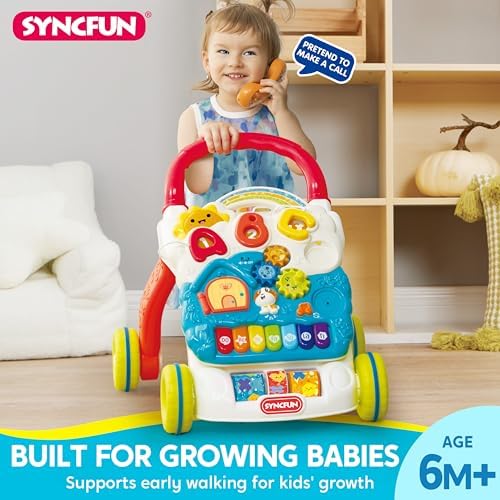 SYNCFUN 2 in 1 sit to stand walker side view displaying adjustable safety wheels.