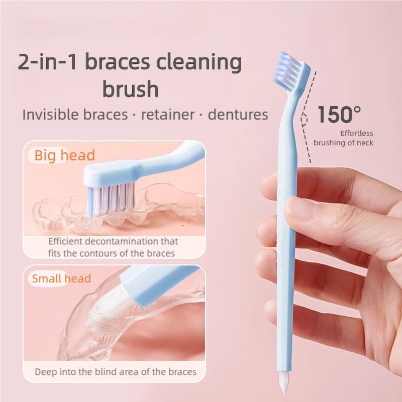 Close up view of the soft multi-layered bristles on the flat and tapered heads of the YANDY orthodontic cleaning brush.
