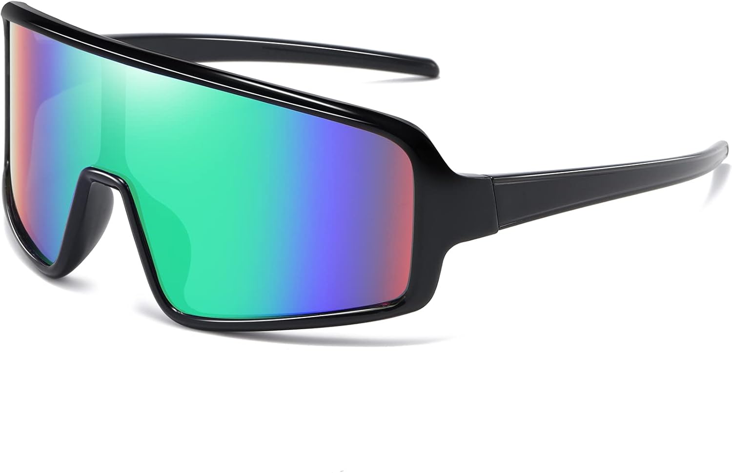 AIEYEZO Modern Sports Cycling Sunglasses front view showing black and green mirrored shield lens.