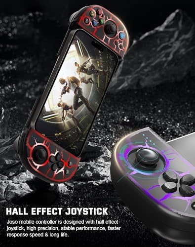 Joso mobile gamepad holding an Android smartphone displaying dynamic multi-color RGB breathing modes.