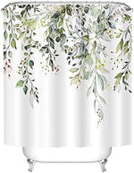 Full length shot of the seventy-two by seventy-two inch Tititex eucalyptus plant pattern shower curtain draping beautifully.
