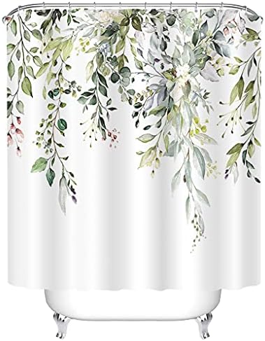 Full length shot of the seventy-two by seventy-two inch Tititex eucalyptus plant pattern shower curtain draping beautifully.