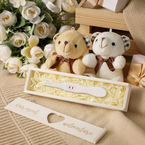 Close up of engraved wooden pregnancy announcement gift box