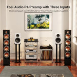 Fosi Audio P4 home audio controller setup with remote control and power adapter.