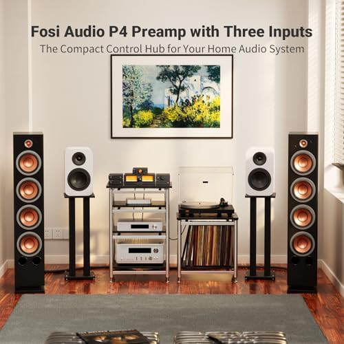 Fosi Audio P4 home audio controller setup with remote control and power adapter.