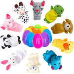 Plush animal finger puppets being worn by children and adults for storytelling
