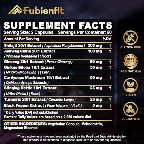 Authentic imported Fubienfit shilajit one hundred and twenty capsules showing supplement facts panel