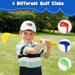 Child using the putting mat from the Super Joy golf set