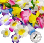 Full collection layout of the 18 piece tropical luau party supplies showing necklaces, bracelets, and pins.