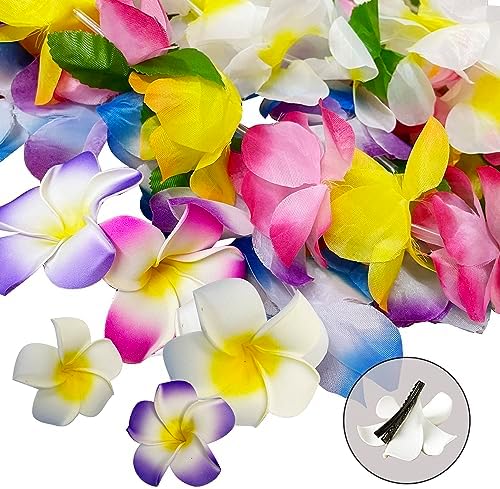 Full collection layout of the 18 piece tropical luau party supplies showing necklaces, bracelets, and pins.