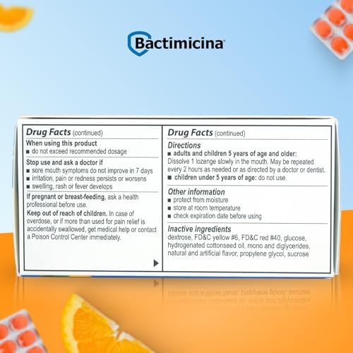 Bactimicina maximum strength orange lozenges 18 count pack for throat irritation