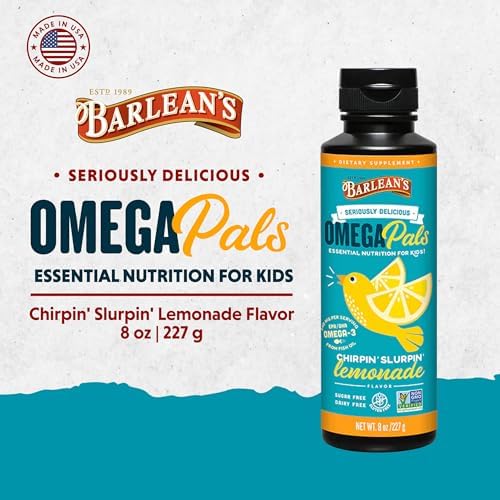 Barlean's Omega Pals eight ounce liquid supplement showing creamy smoothie pour details