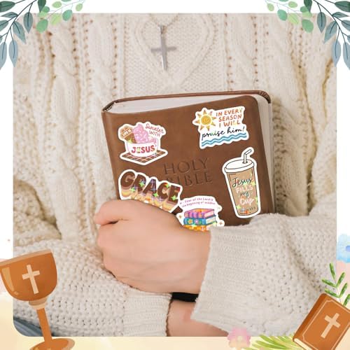 Detailed view of Christian scripture decals and floral artwork
