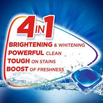 Purex Mountain Breeze laundry detergent pods packaging detail showing the 4-in-1 cleaning benefits.
