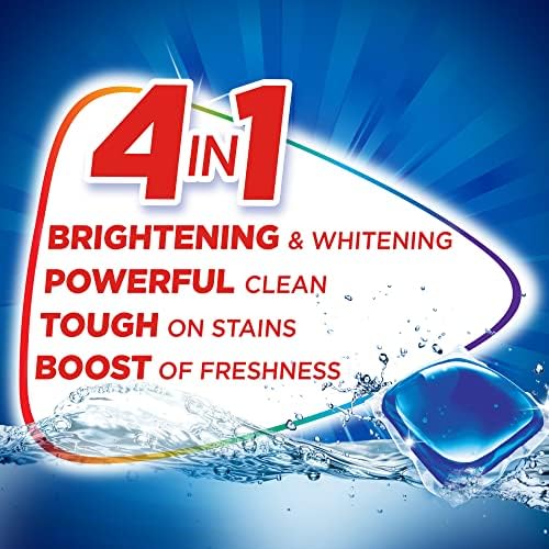 Purex Mountain Breeze laundry detergent pods packaging detail showing the 4-in-1 cleaning benefits.