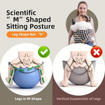 An infant seated ergonomically inside the ebony check baby carrier showing proper leg positioning