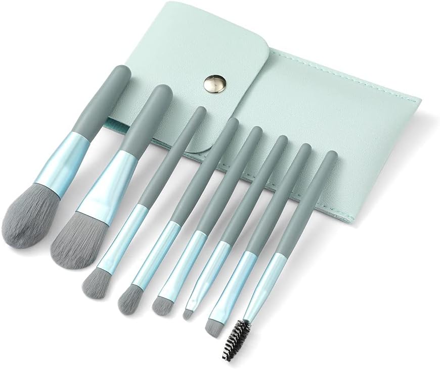 LASSKY travel makeup brush set front view in dusty blue storage bag