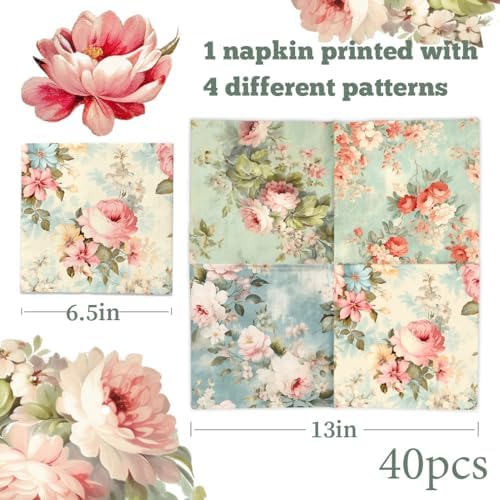 Close up of retro pink and white flower print on blue napkin
