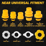 ELEAD radiator burping tool kit components laid out including fluid stopper plunger, gaskets, and forty five degree angled extensions.