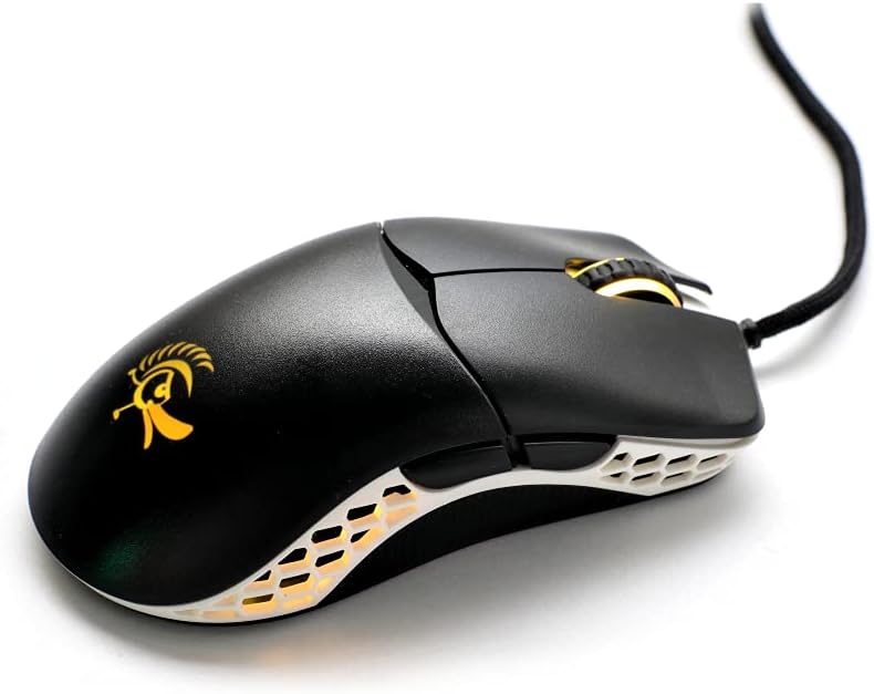 Ducky Feather gaming mouse front view showing black and white symmetrical design and optical sensor layout.