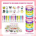 AVONO character themed party favors including 3D keychains silicone bracelets badges and sticker collection.